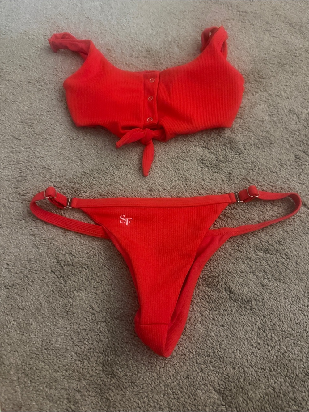 Red Ribbed Tie-Front Bikini Set